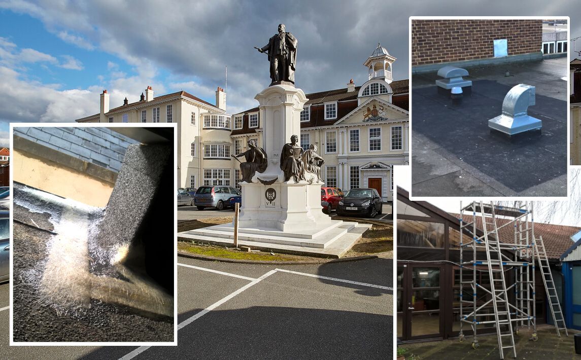 Monument with building, parking lot, and close-up views of roof details, ladders, and vents.