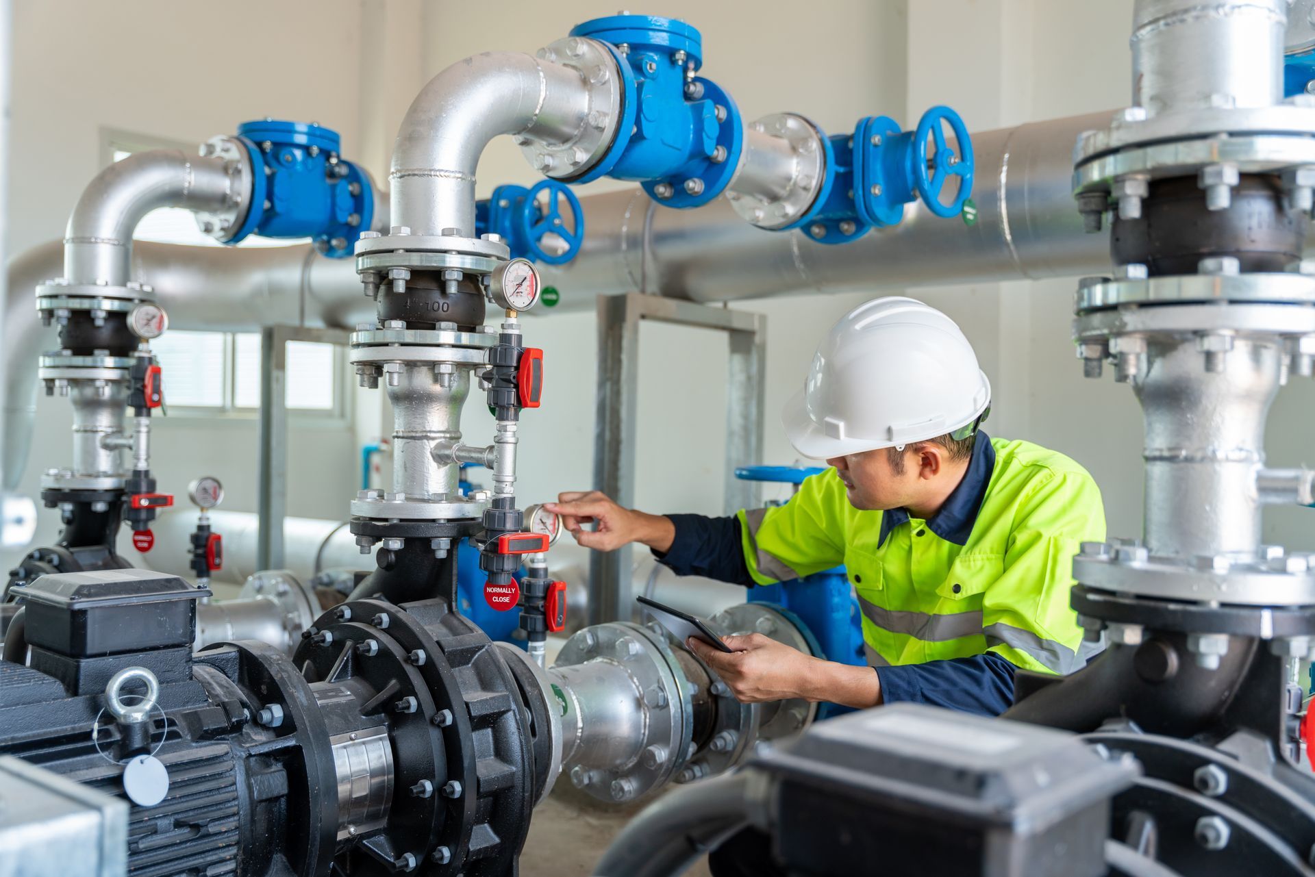 Worker at water supply stations inspect and maintain condenser equipment.