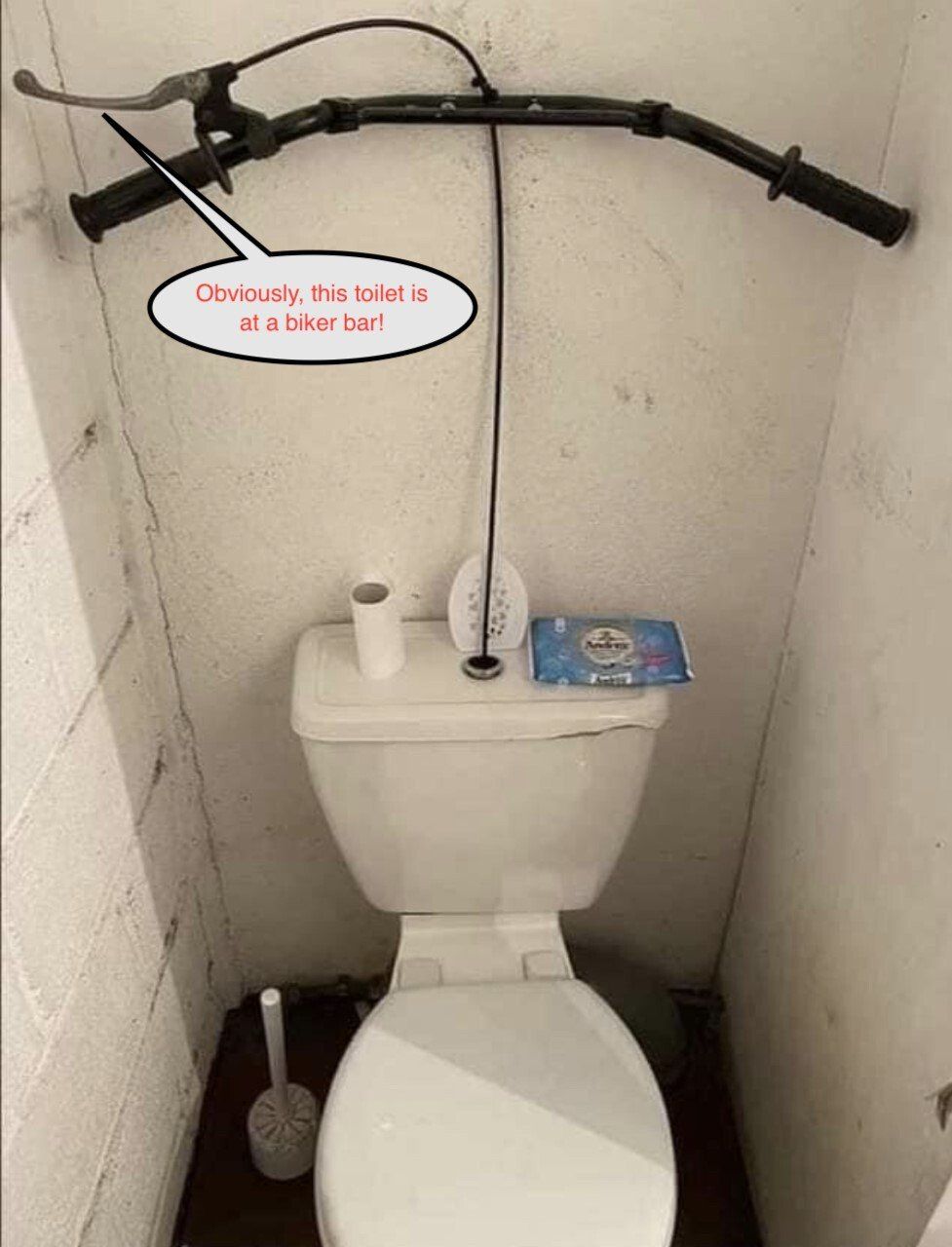 A toilet in a small, dirty room with a motorcycle handlebar mounted above it. A thought bubble reads,