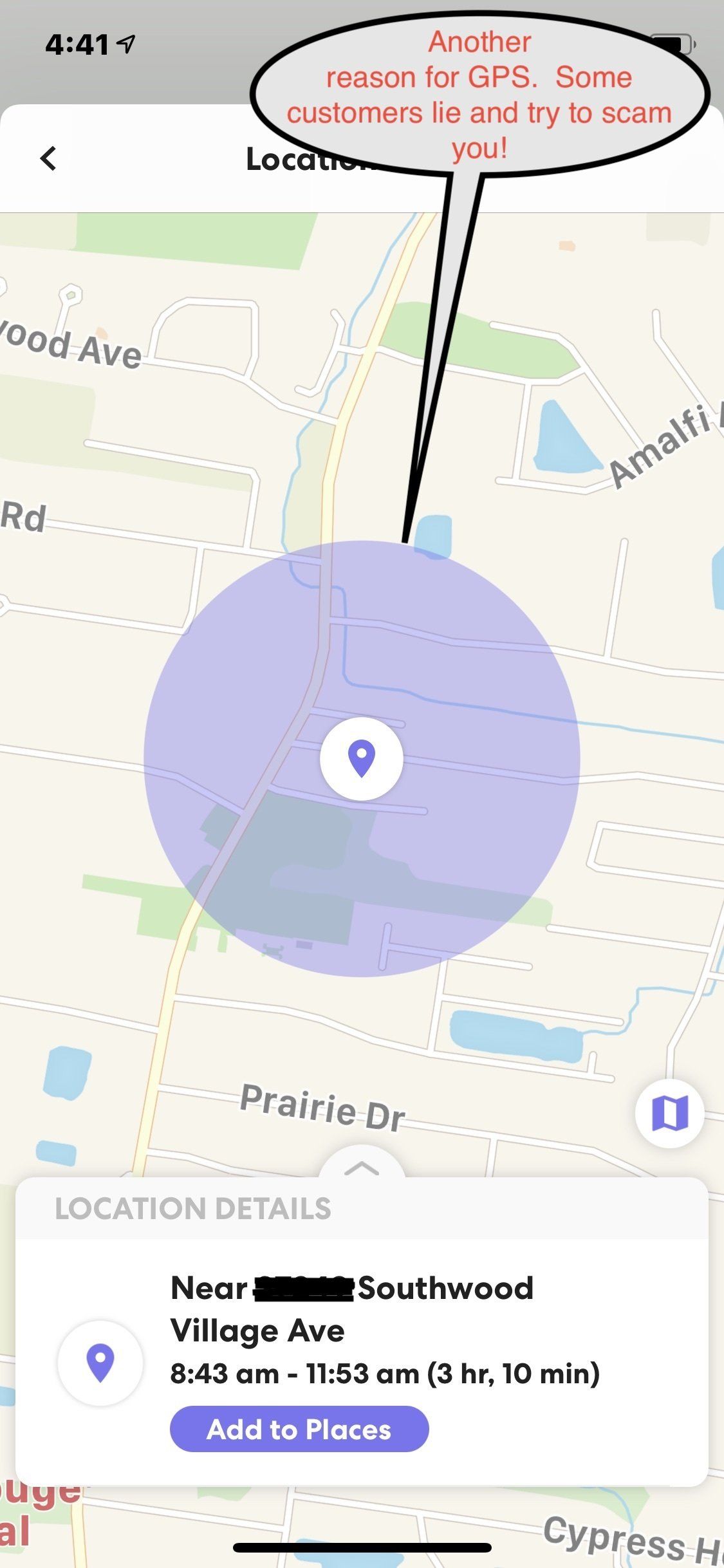 Map showing location details, highlighted with a purple circle. Text bubble: