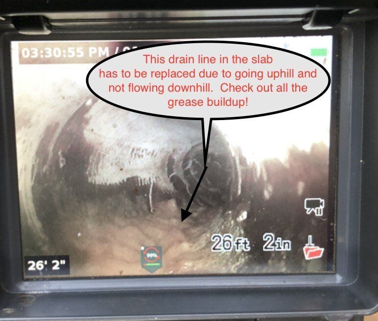 Video of a drain line in a slab with grease buildup. Text notes the line goes uphill, needing replacement.