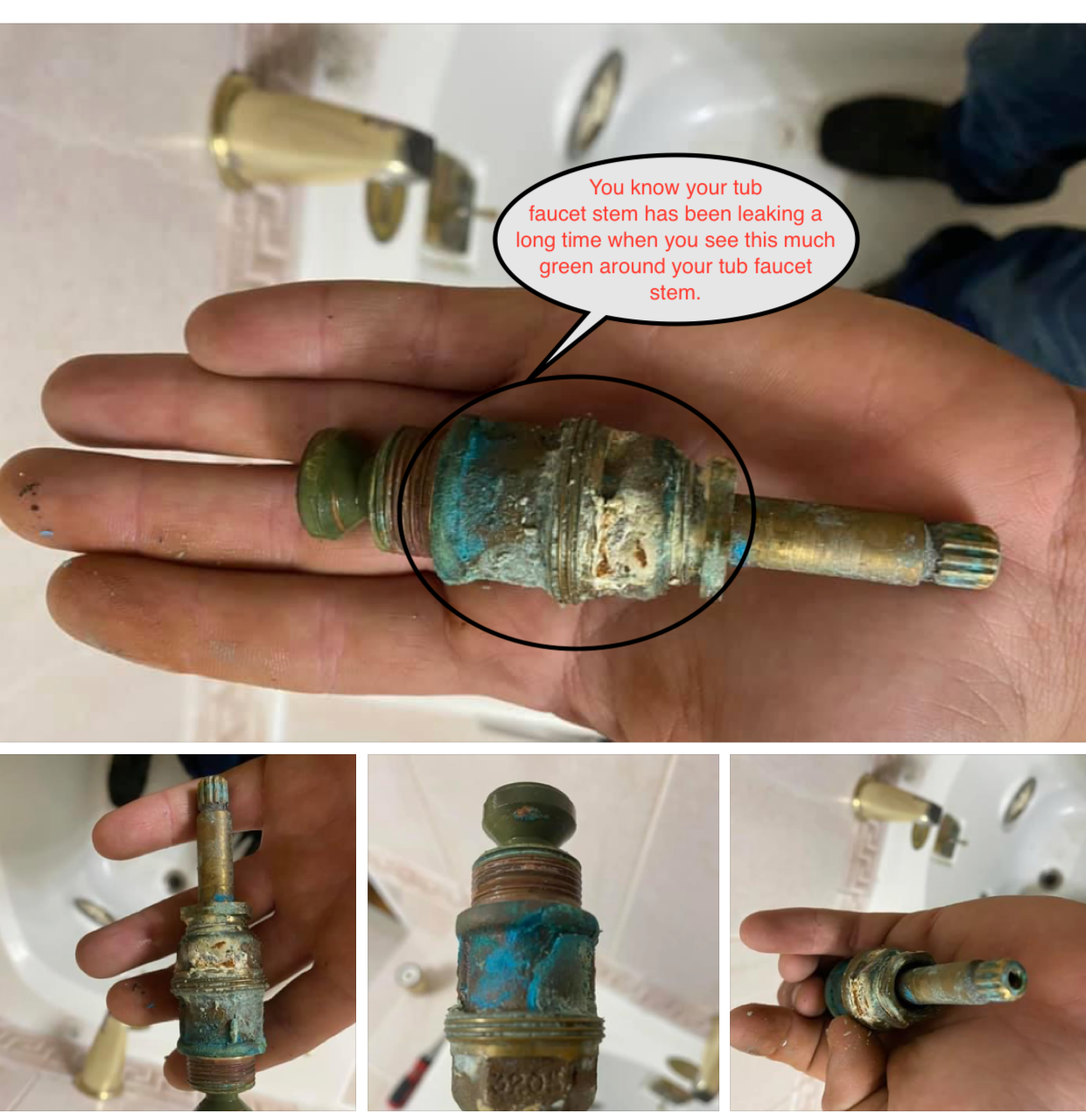 A hand holding a corroded faucet valve.  Blue corrosion around the brass. Text bubble states, 