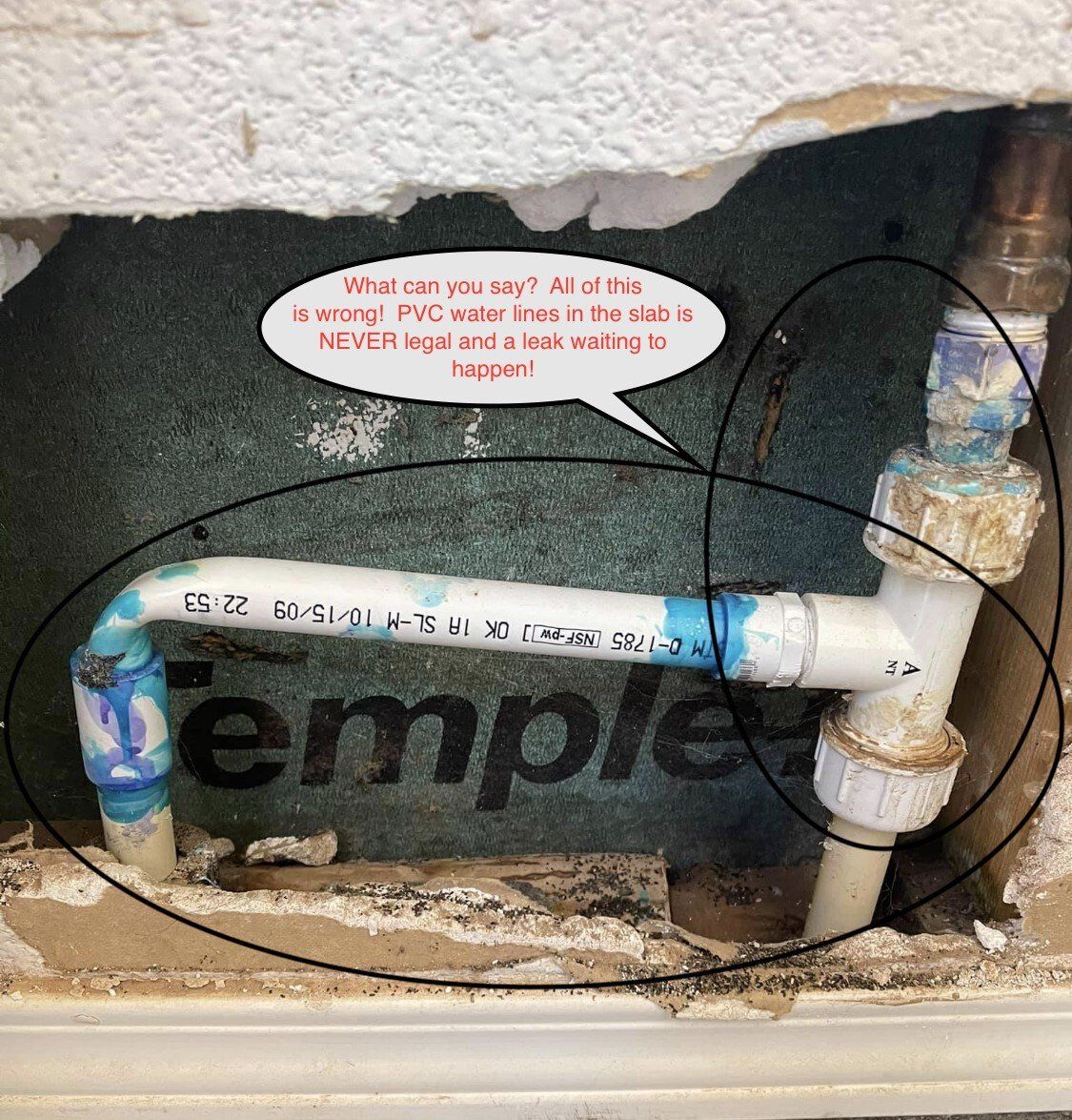 Pipes and fittings in a wall opening, with text bubble: