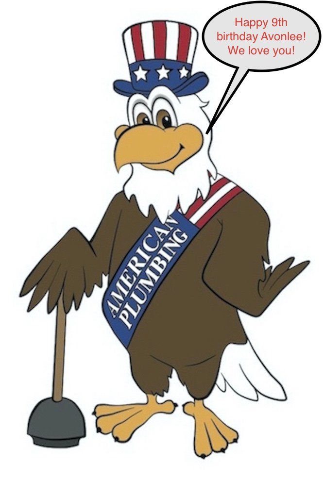 Eagle mascot in Uncle Sam hat and sash, holding a plunger, says 