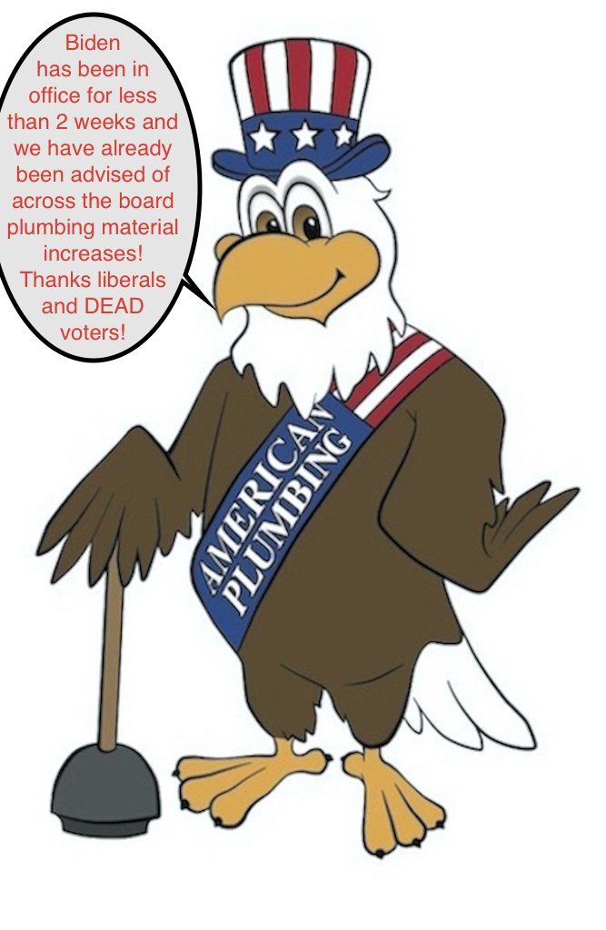 Cartoon eagle in Uncle Sam hat holding a plunger, text bubble states plumbing material cost increase.