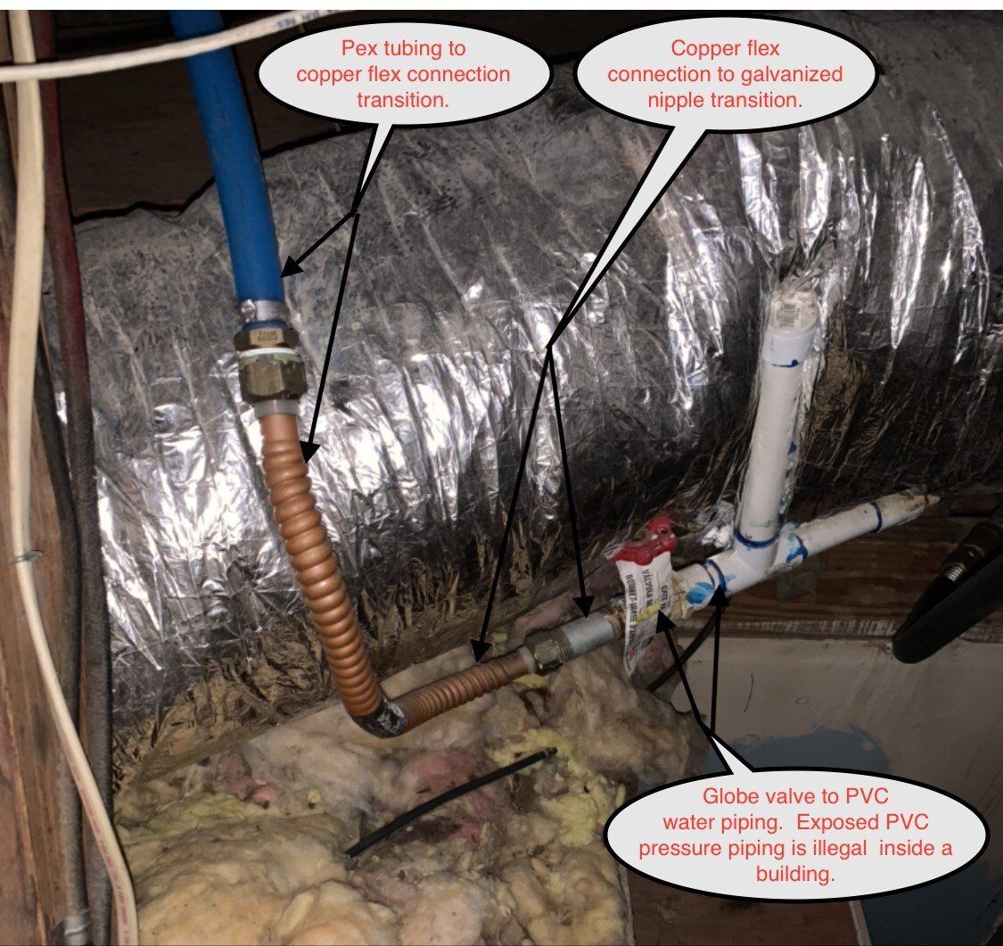 Piping connections in an enclosed space. Blue tubing to copper and galvanized piping. Valve. Insulation present.