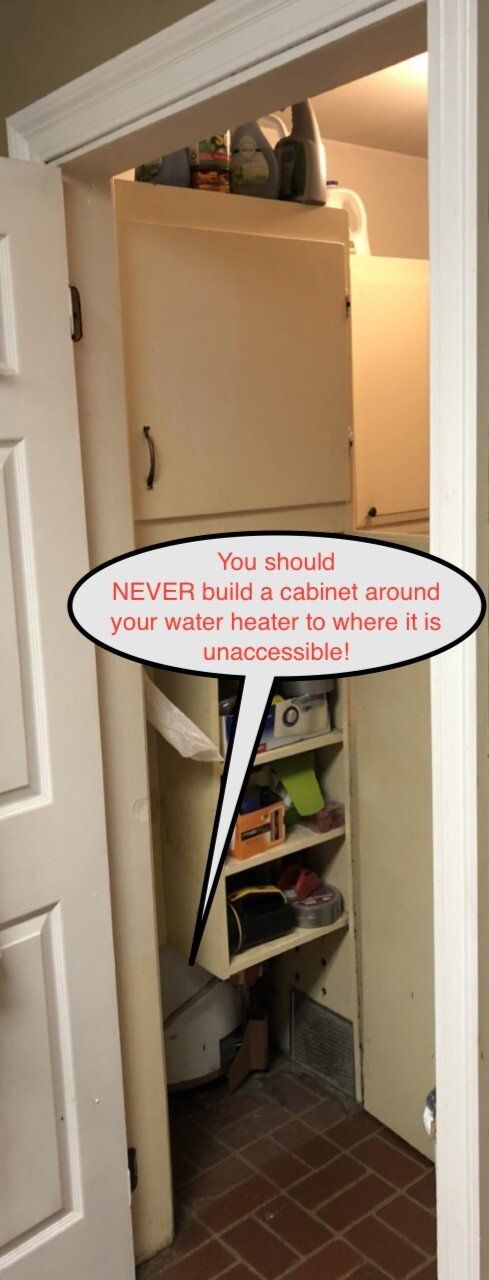 A cramped closet with a cabinet. Shelves inside hold items. The text bubble states, 