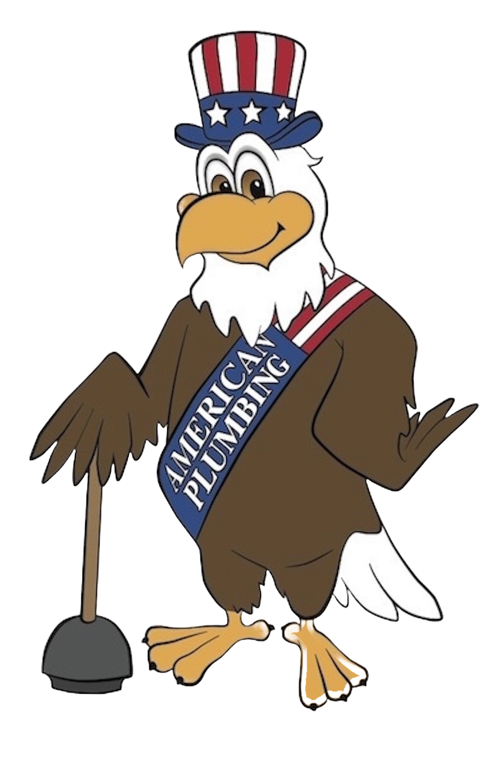 A bald eagle is wearing an american plumbing sash and holding a plunger.