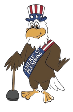 A bald eagle is wearing an american plumbing sash and holding a plunger.