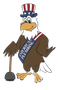 A bald eagle is wearing an american plumbing sash and holding a plunger.