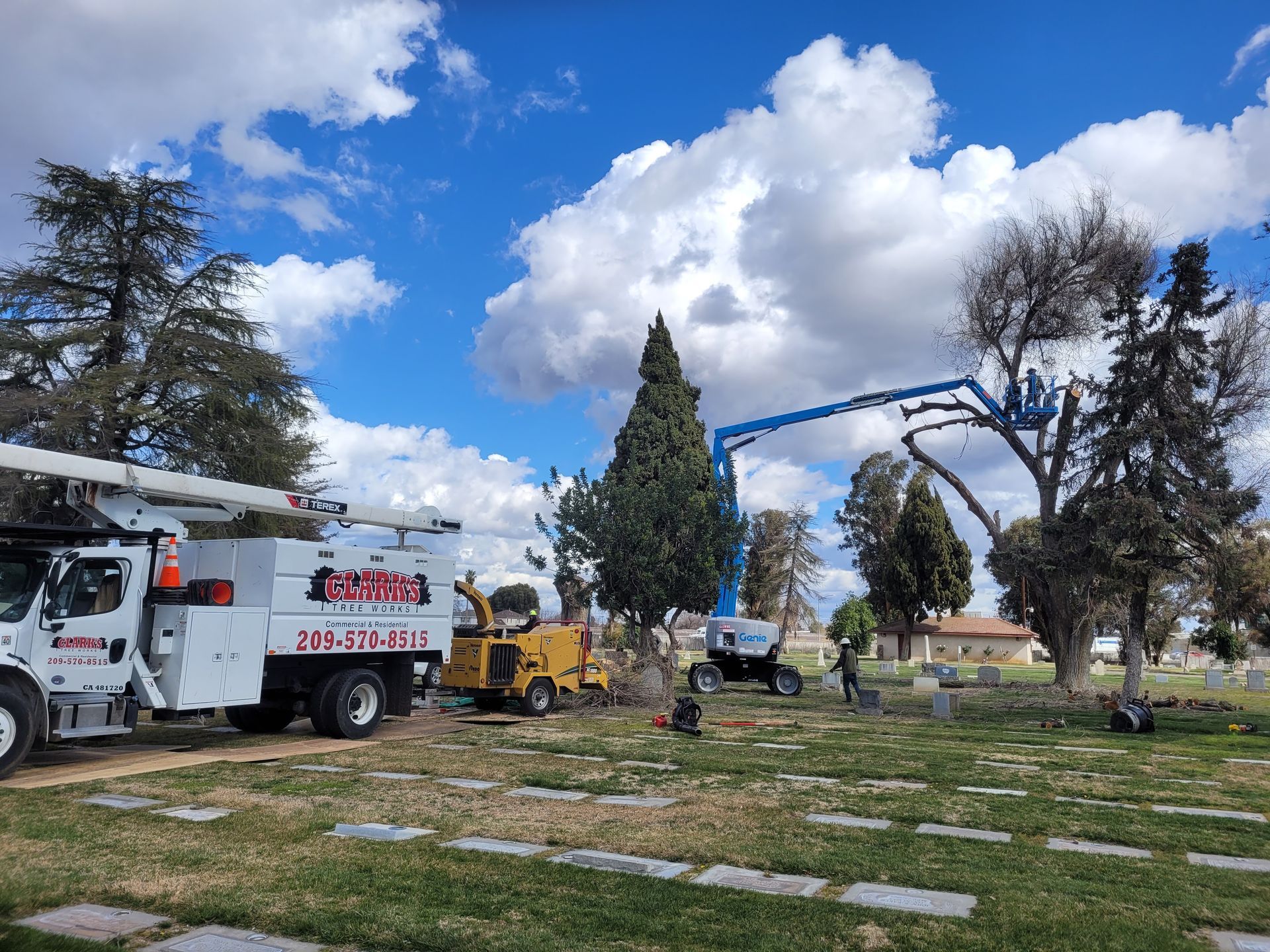 A tree cutting truck is parked in a cemetery.