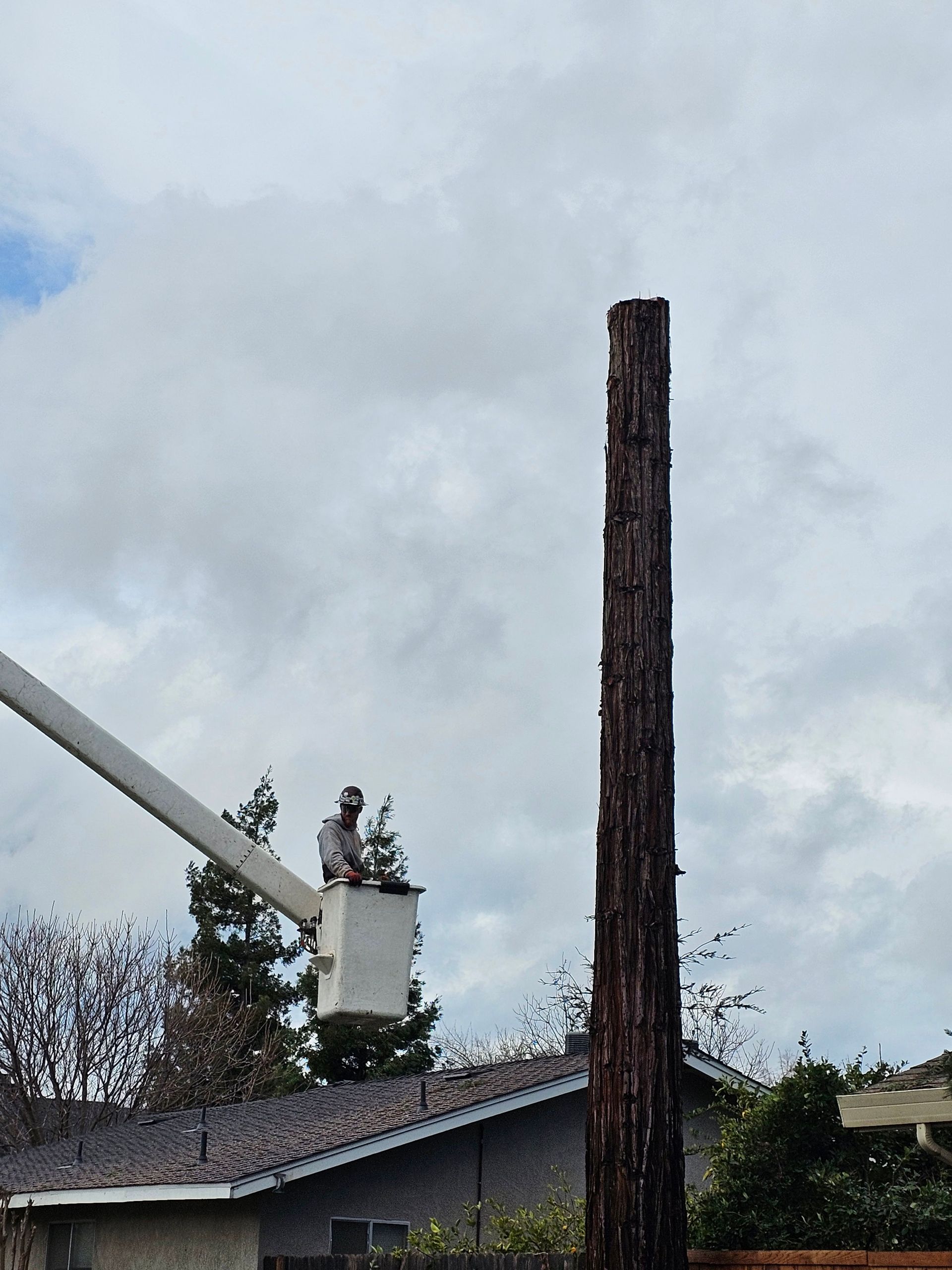 A man is sitting in a bucket on top of a telephone pole.