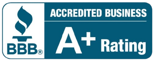 A blue sign that says accredited business a+ rating
