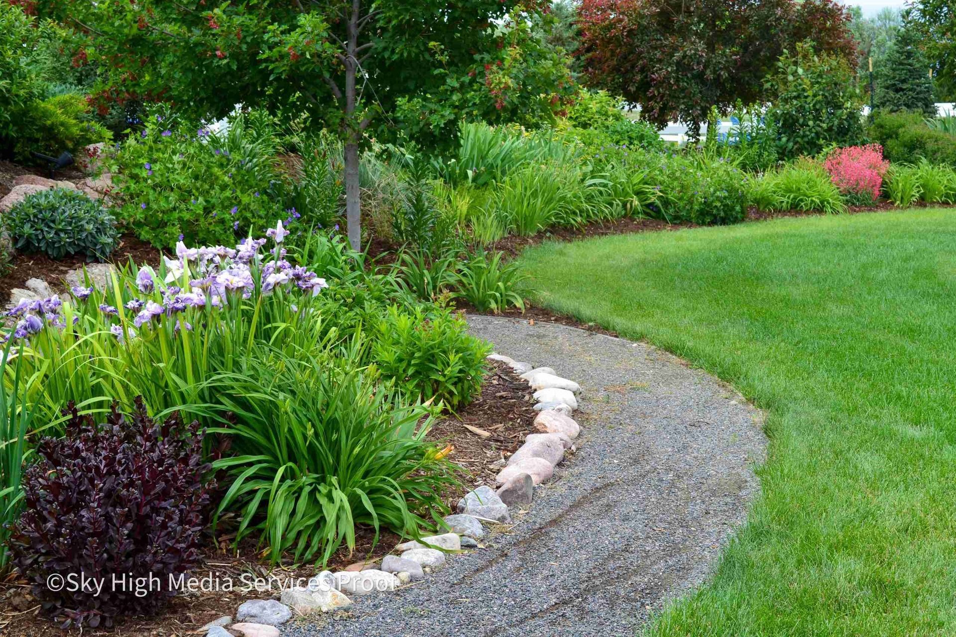Curving gravel path borders a vibrant garden bed filled with green foliage and blooms.