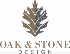 Logo: split leaf, brown half with leaf details, gray stone pattern, 