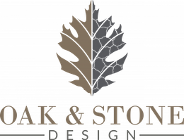 Logo of Oak & Stone Design: Oak leaf split, brown and stone-textured gray, with company name below and a horizontal line.