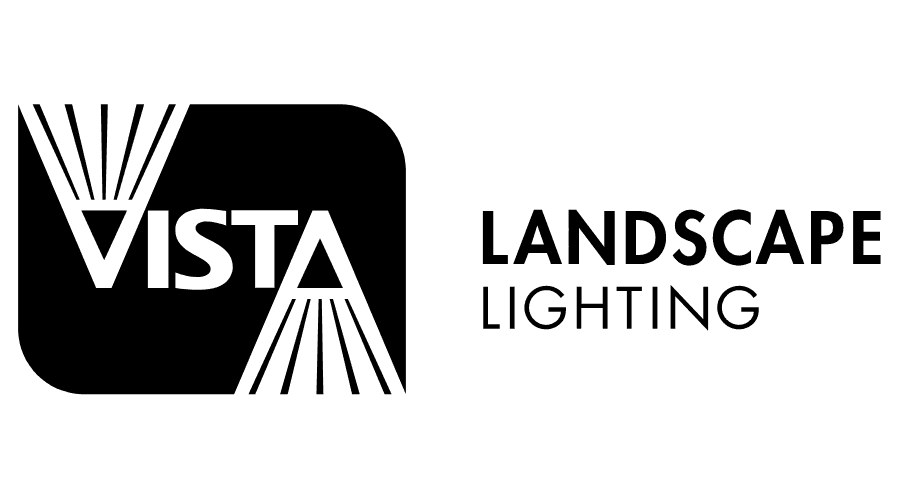 Logo for Vista Landscape Lighting: Black text on white with a black box, VISTA and Landscape Lighting.