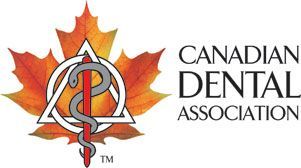 The logo for the canadian dental association is a maple leaf with a medical symbol on it.
