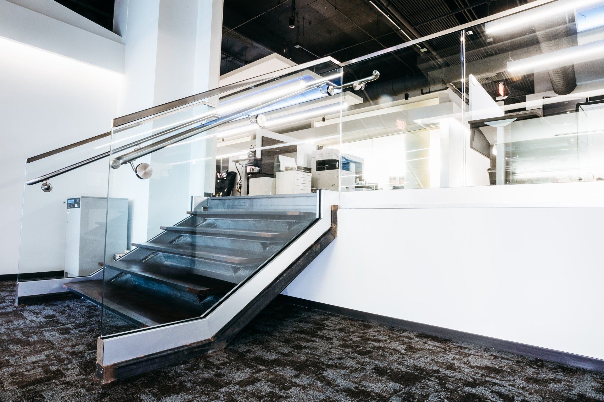 Glass Staircase With a Gray Carpet — Willoughby, OH — Euclid Glass & Door