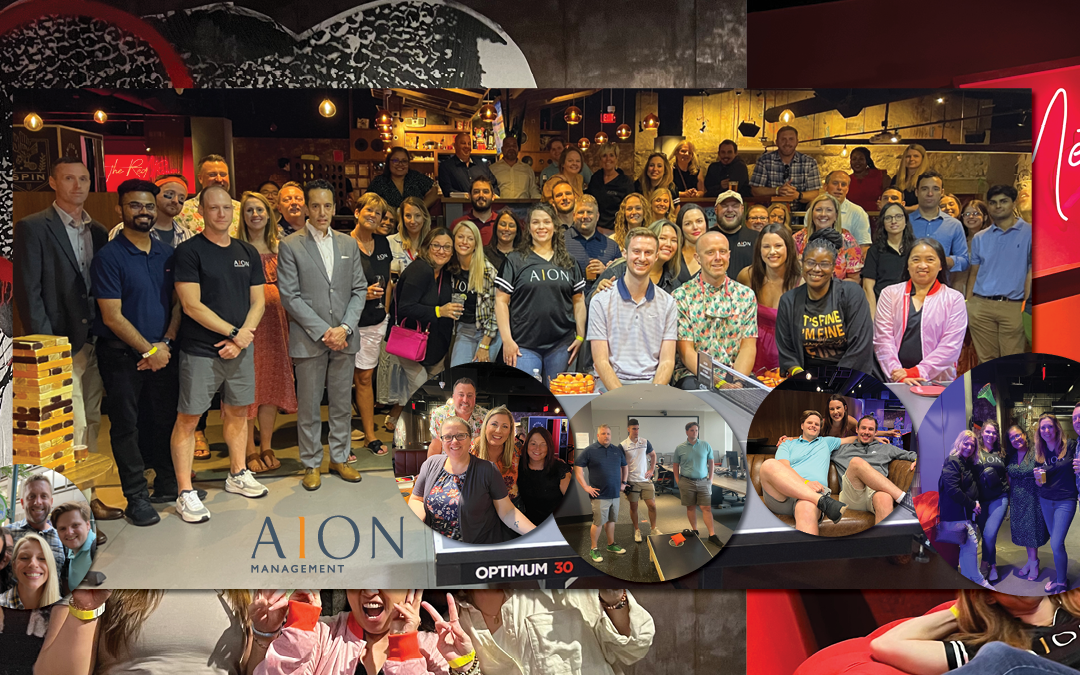 Group of people at a professional event in a bar-like setting with red and black décor. Photos in circles overlaid.