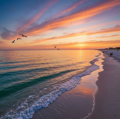 Sunset over a beach with colorful sky, calm water, and seagulls flying.
