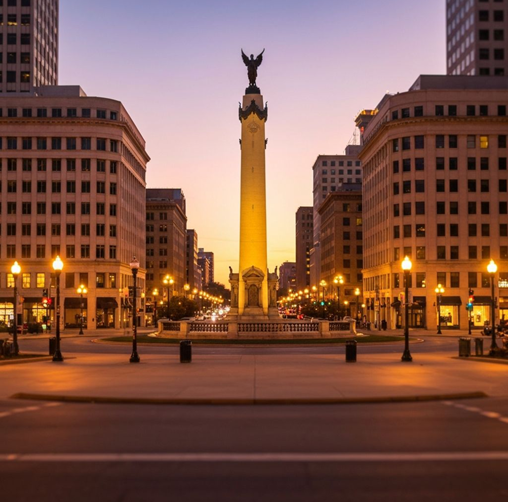 Monument Circle, Indianapolis, at dusk. Tall column with statue, surrounded by buildings and streetlights.