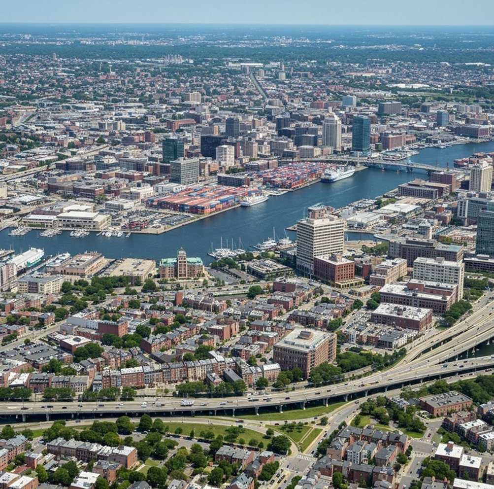 Aerial view of Boston, Massachusetts, showing buildings, harbor, and roadways under a blue sky.