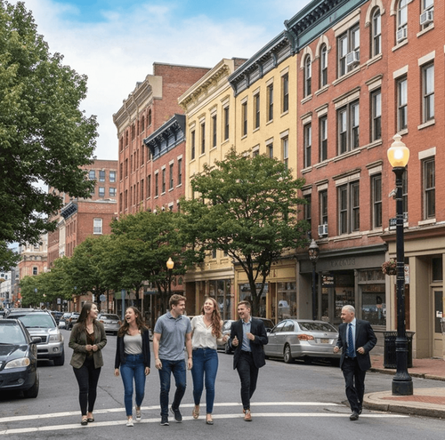 People walking across a street in a downtown area with brick buildings and cars.