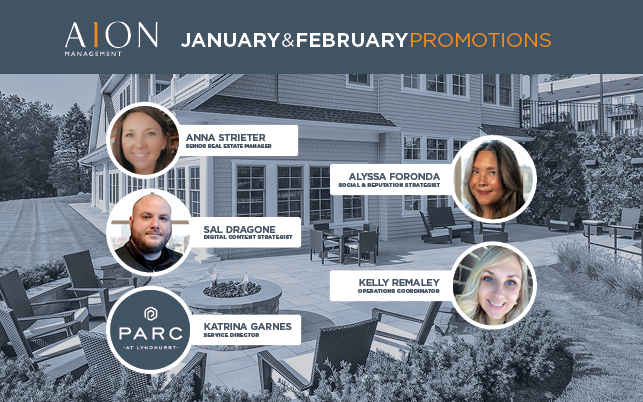 AION Management's January & February promotions, featuring headshots of six team members against a patio backdrop.