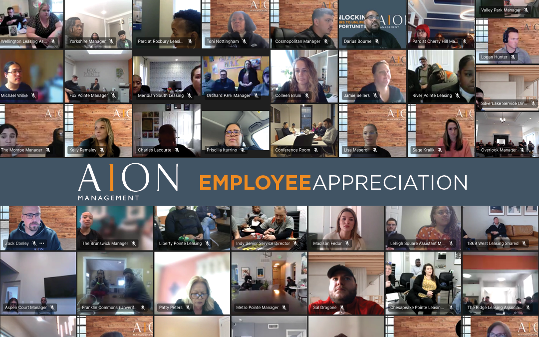 Online AION Employee Appreciation event with many participants on video call.