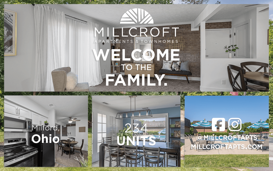 Millcroft Apartments: Welcome message above interior photos of Ohio units, social media icons, and website.