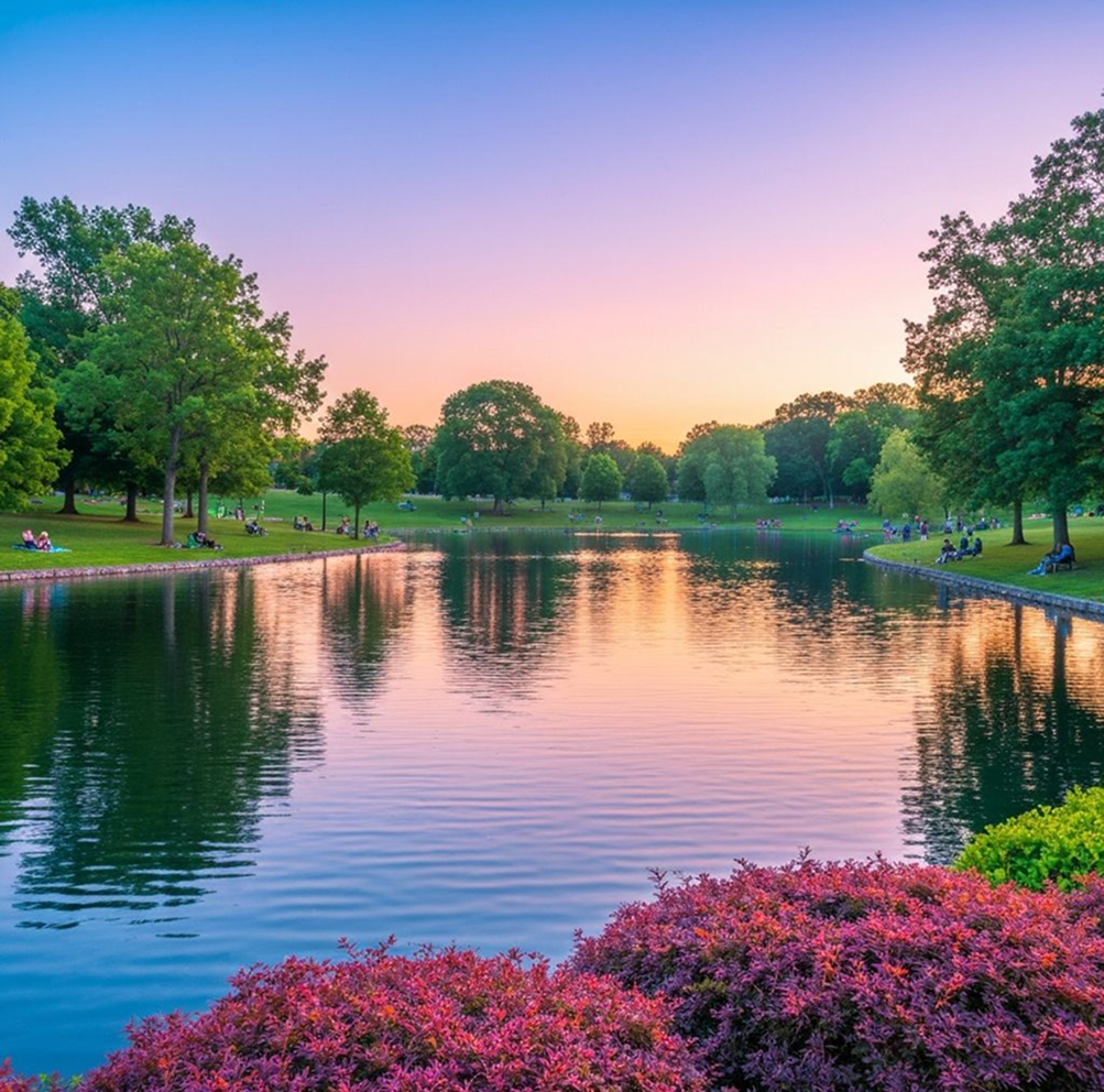 Calm lake reflects a sunset sky; trees and pink bushes line the shore; people relax on the grassy banks.