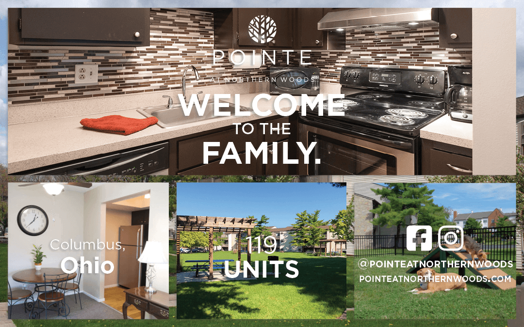 Apartments: Kitchen, welcome message, 191 units, Columbus, Ohio, and social media icons.