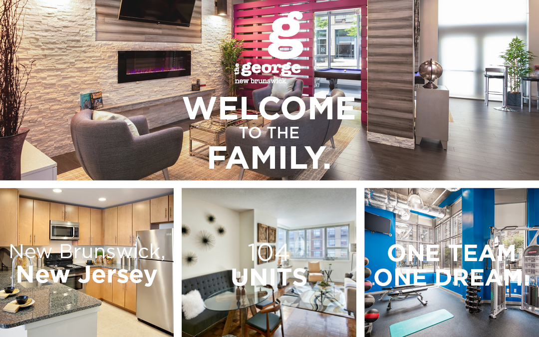 Welcome to the family. Apartment complex in New Brunswick, NJ, showing kitchen, living area, and gym.