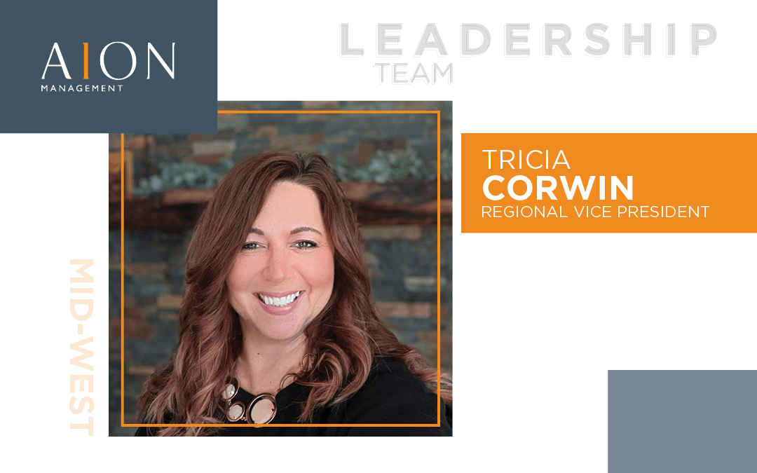 Tricia Corwin, Regional Vice President, smiling. AION Leadership Team graphic, Midwest. Orange, gray, and blue.