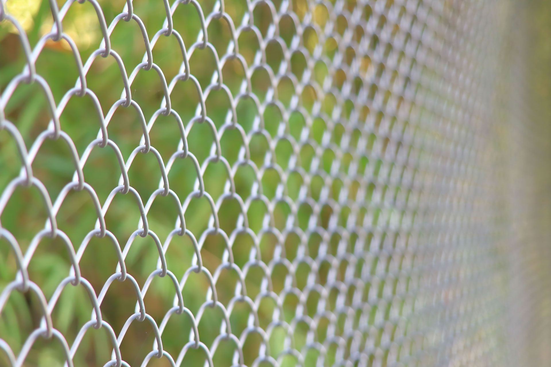 Silver chain-link fence, angled perspective, with blurred green foliage in the background.