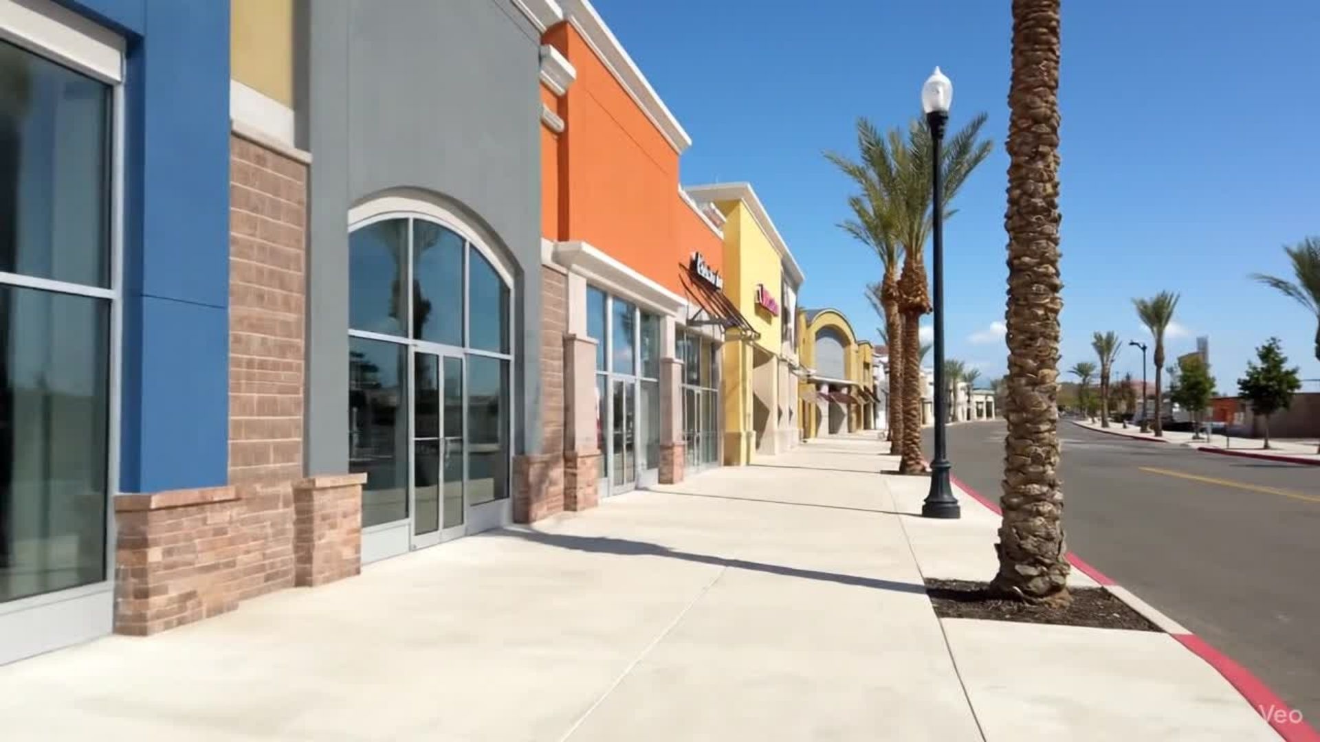 Shops with colorful facades line a sidewalk with palm trees and street lights on a sunny day.