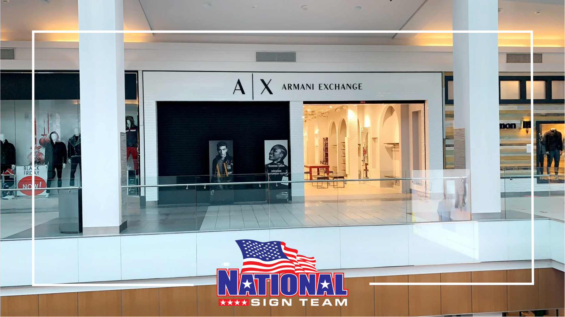 Mall interior with Armani Exchange store. A national sign team logo is at the bottom.