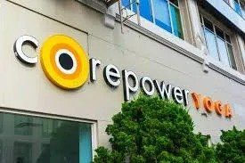 The logo for corepower yoga is on the side of a building.