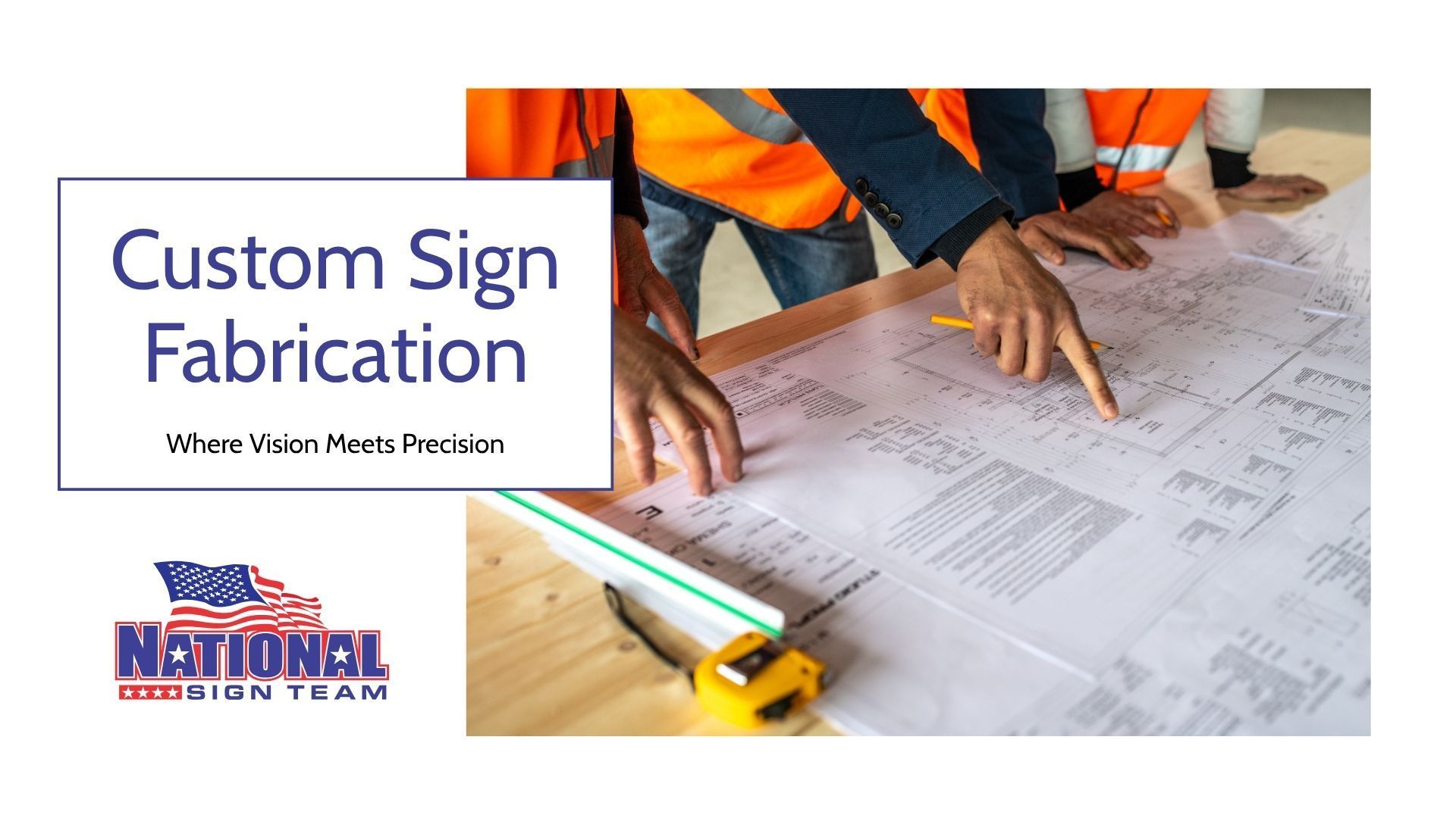 A group of construction workers are looking at a blueprint.