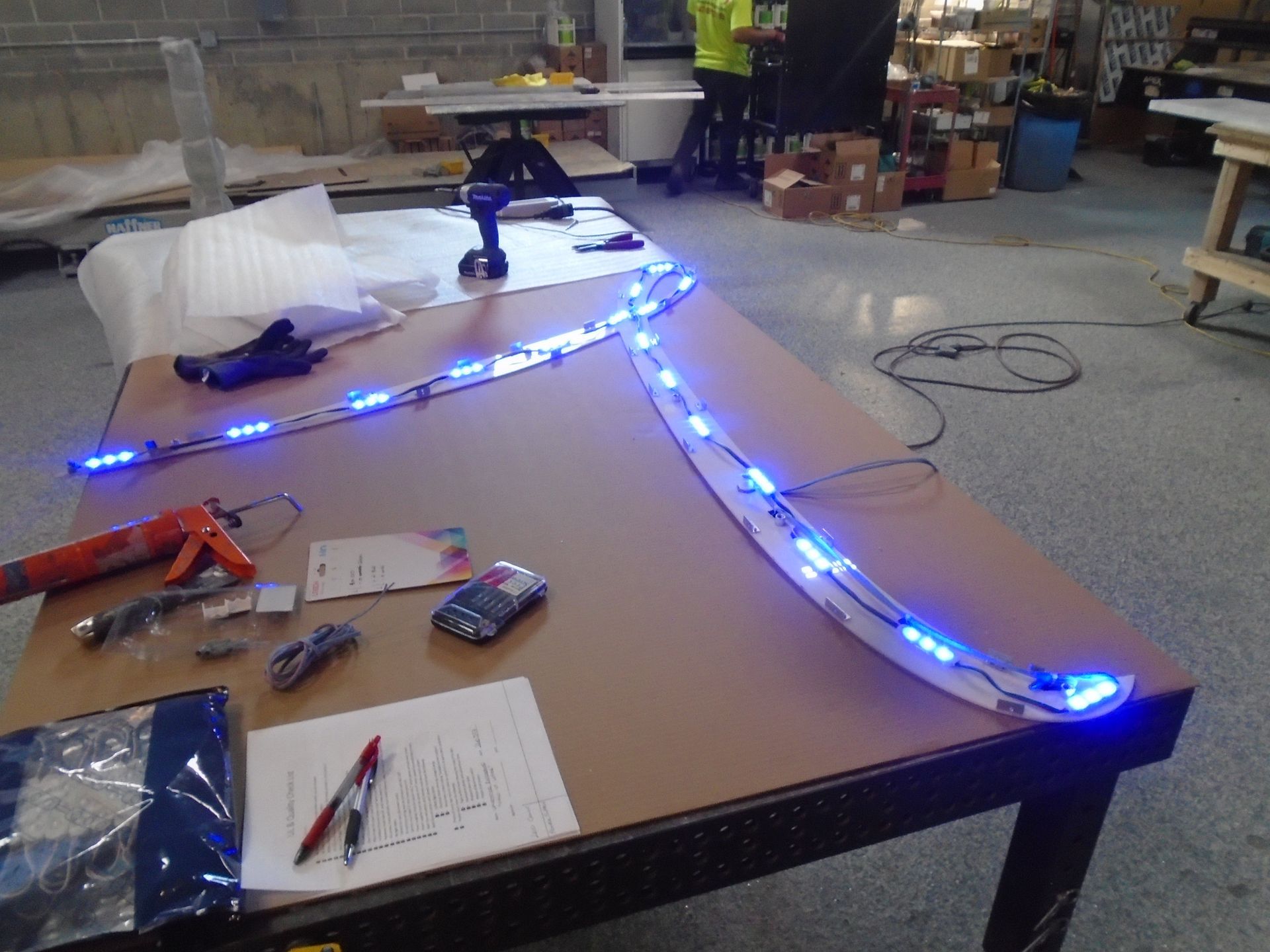 A table with a bunch of blue lights on it