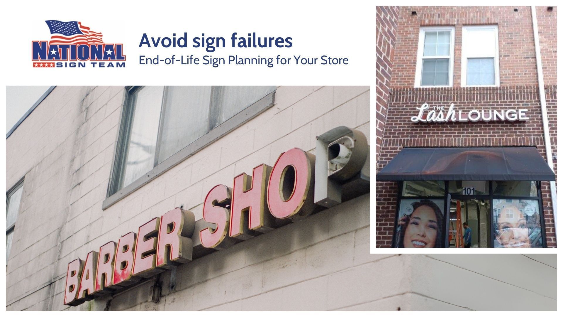 Signage of a barber shop burned out and a picture of a nice lash lounge sign.