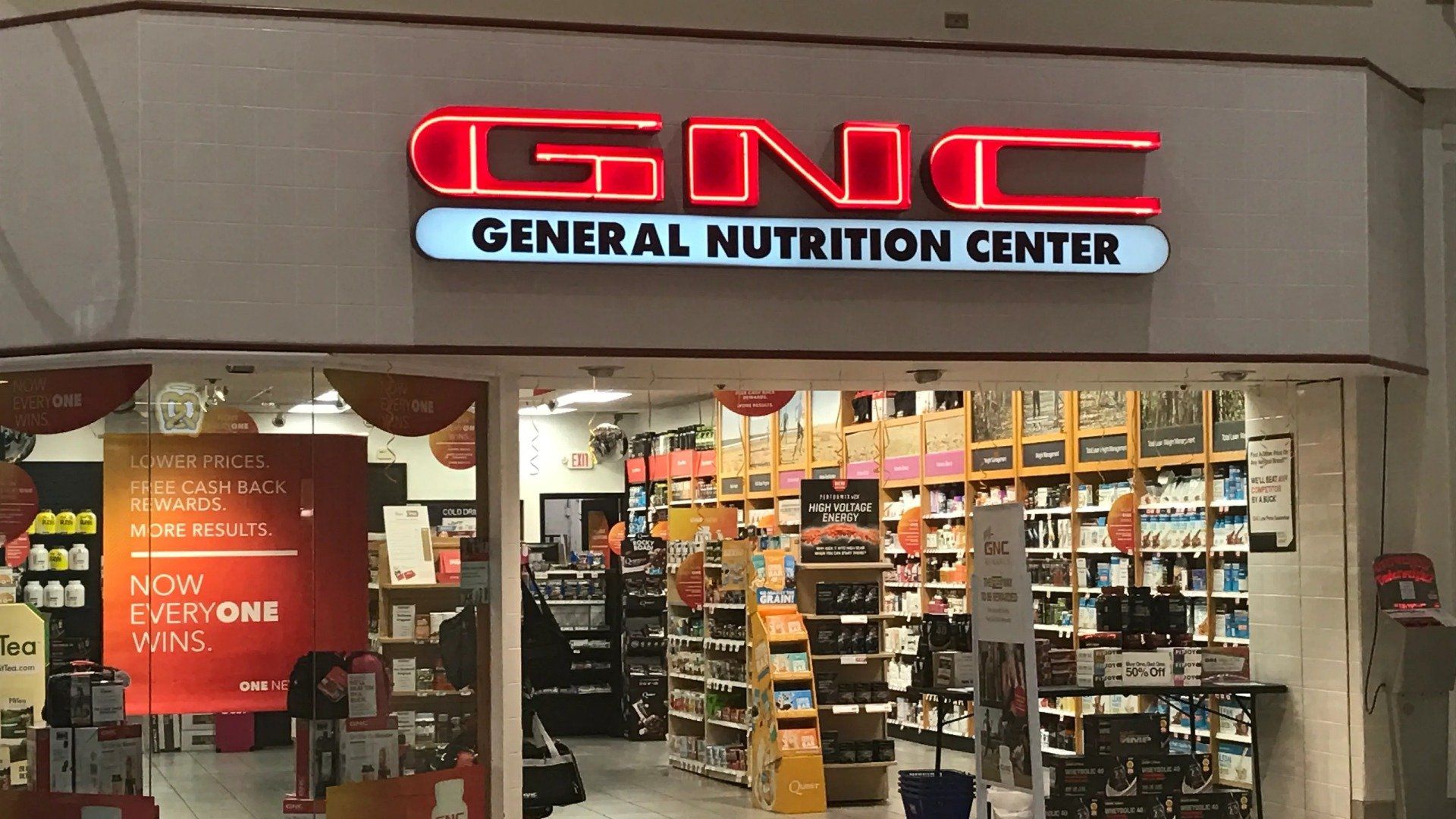 The front of a gnc general nutrition center store.