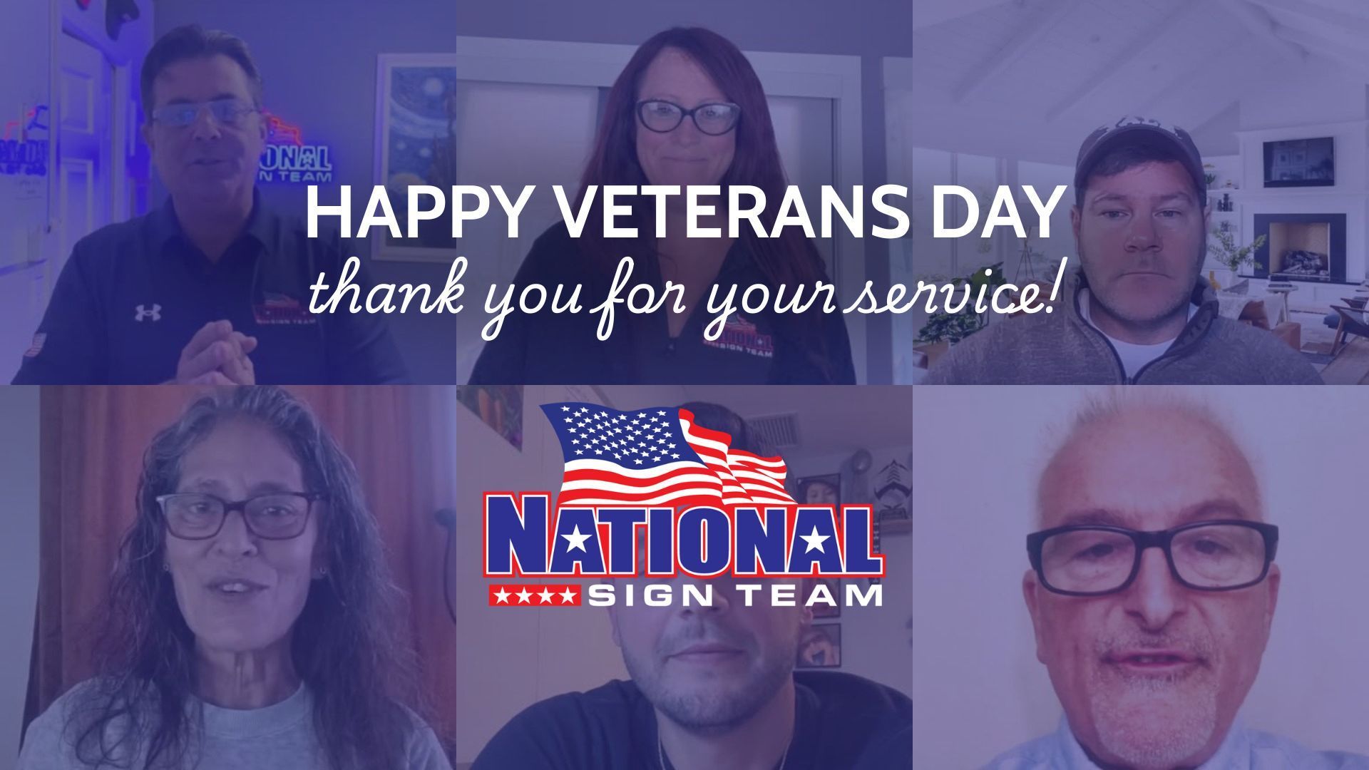Happy Veterans Day graphic with six people, an American flag, and the National Sign Team logo.
