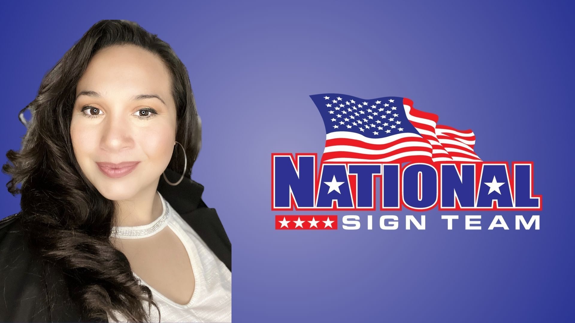 Logo for National Sign Team with an American flag, blue and red text, and the name Kristin Mendoza.