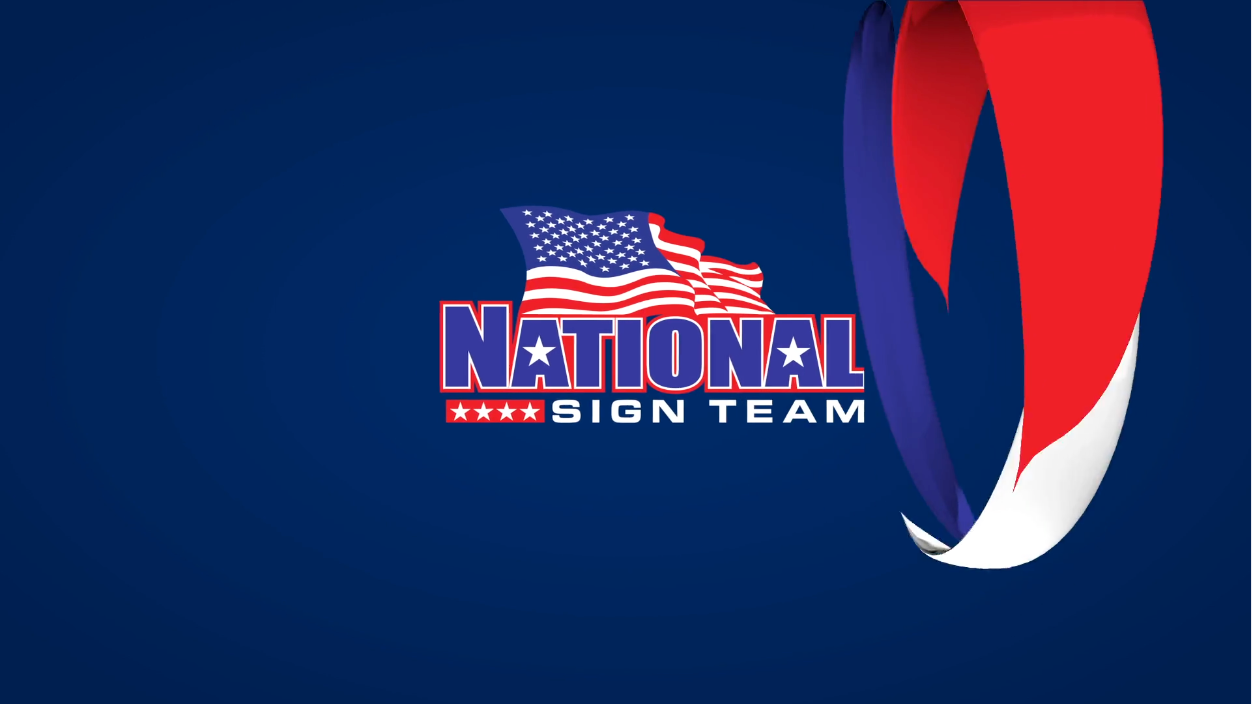 A national sign team logo on a blue background