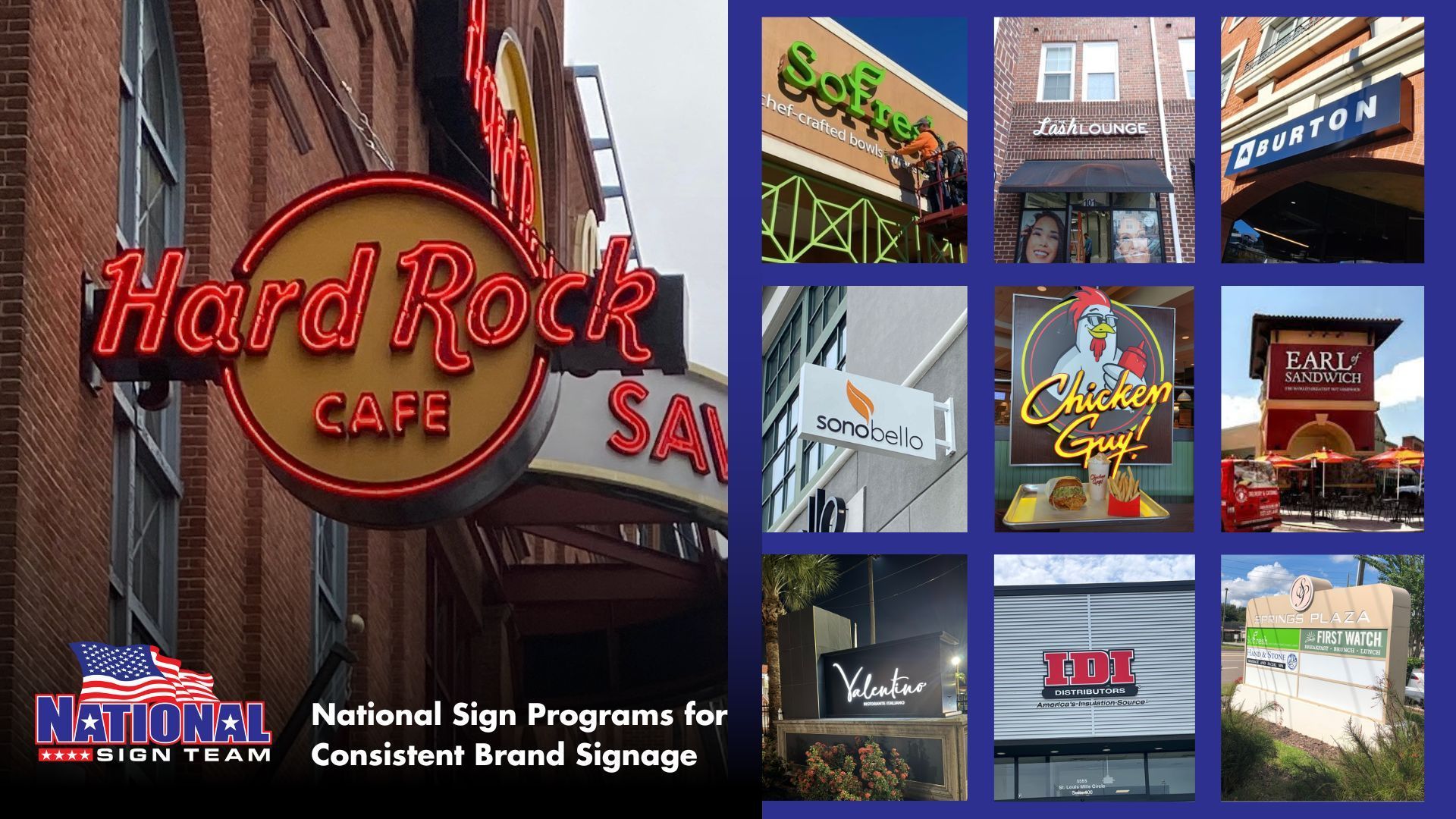 A hard rock cafe sign is surrounded by other signs