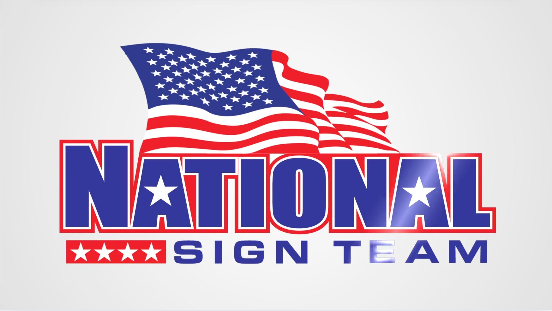 A national sign team logo with an american flag in the background
