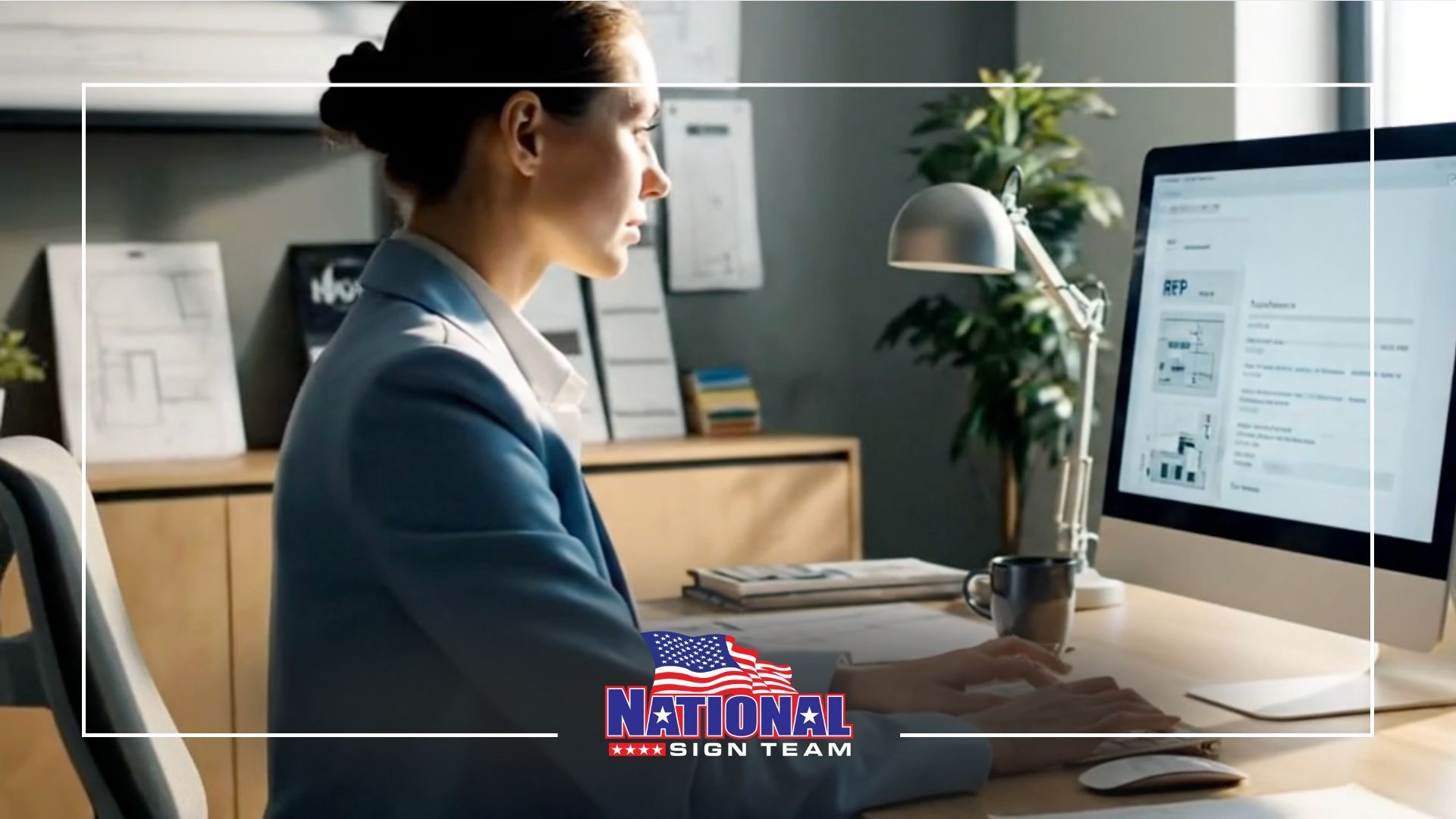 Woman in blue blazer working on a computer at a desk in an office.