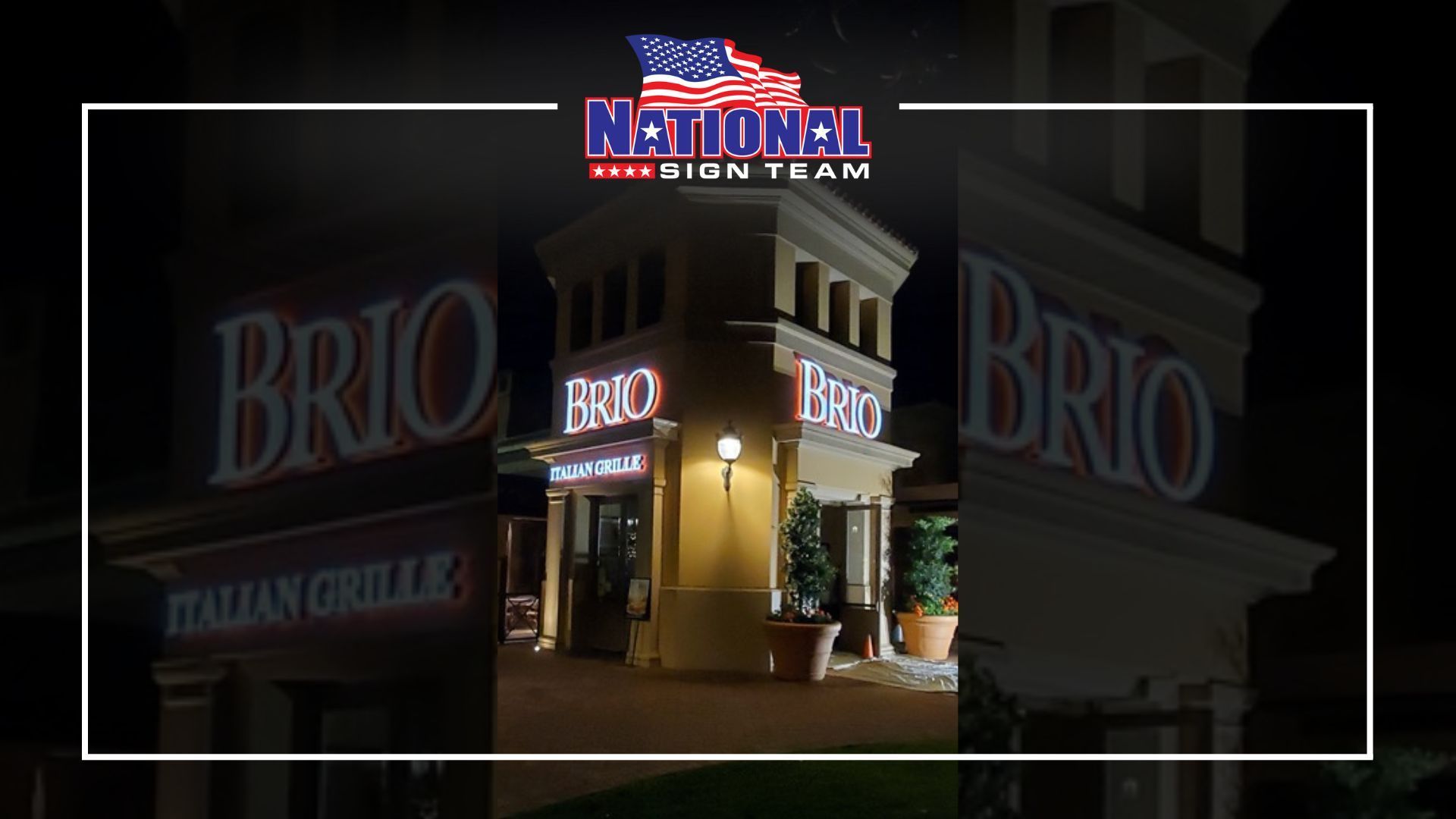 Brio Italian Grille restaurant at night, with a US flag logo on the top.